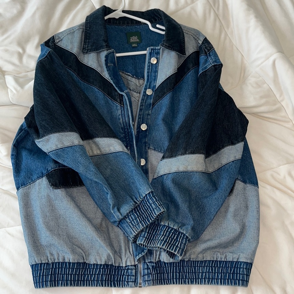 Color Block Vintage-Looking Denim Bomber Jacket